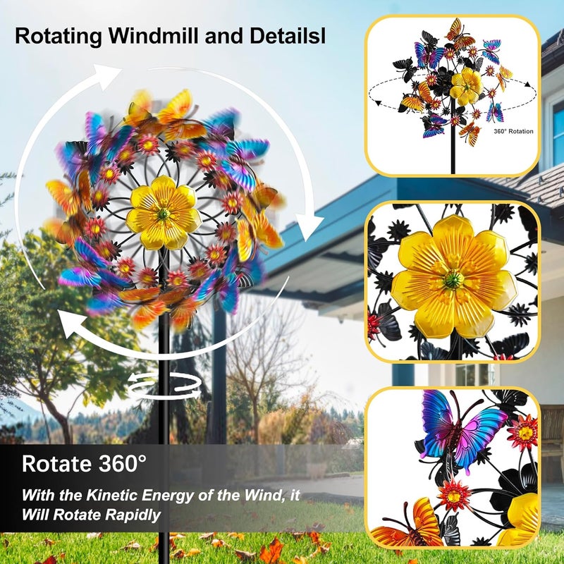 Senflame Double Blade Butterfly Wind Spinners, Outdoor Garden 360° Swivel Spinners 50 inch Garden Stakes Decor, Metal Flower Pinwheels for Yard and Lawn - Image 4